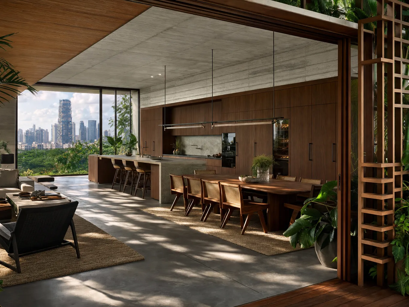 Fadior Singapore Skyline Penthouse — Singapore penthouse kitchen with concrete island, hardwood cabinets, skyline window,