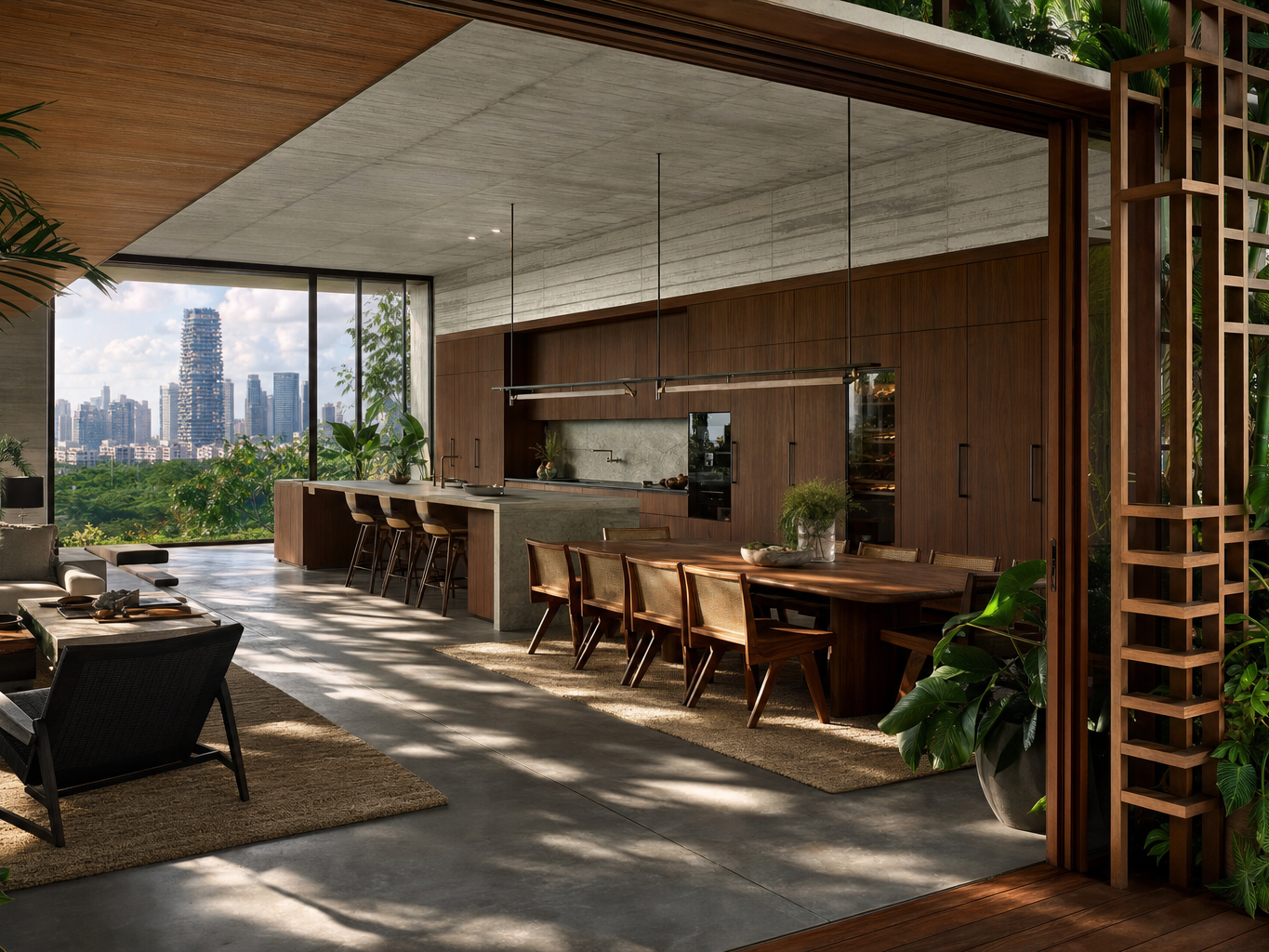Fadior Singapore Skyline Penthouse — Singapore penthouse kitchen with concrete island, hardwood cabinets, skyline window,