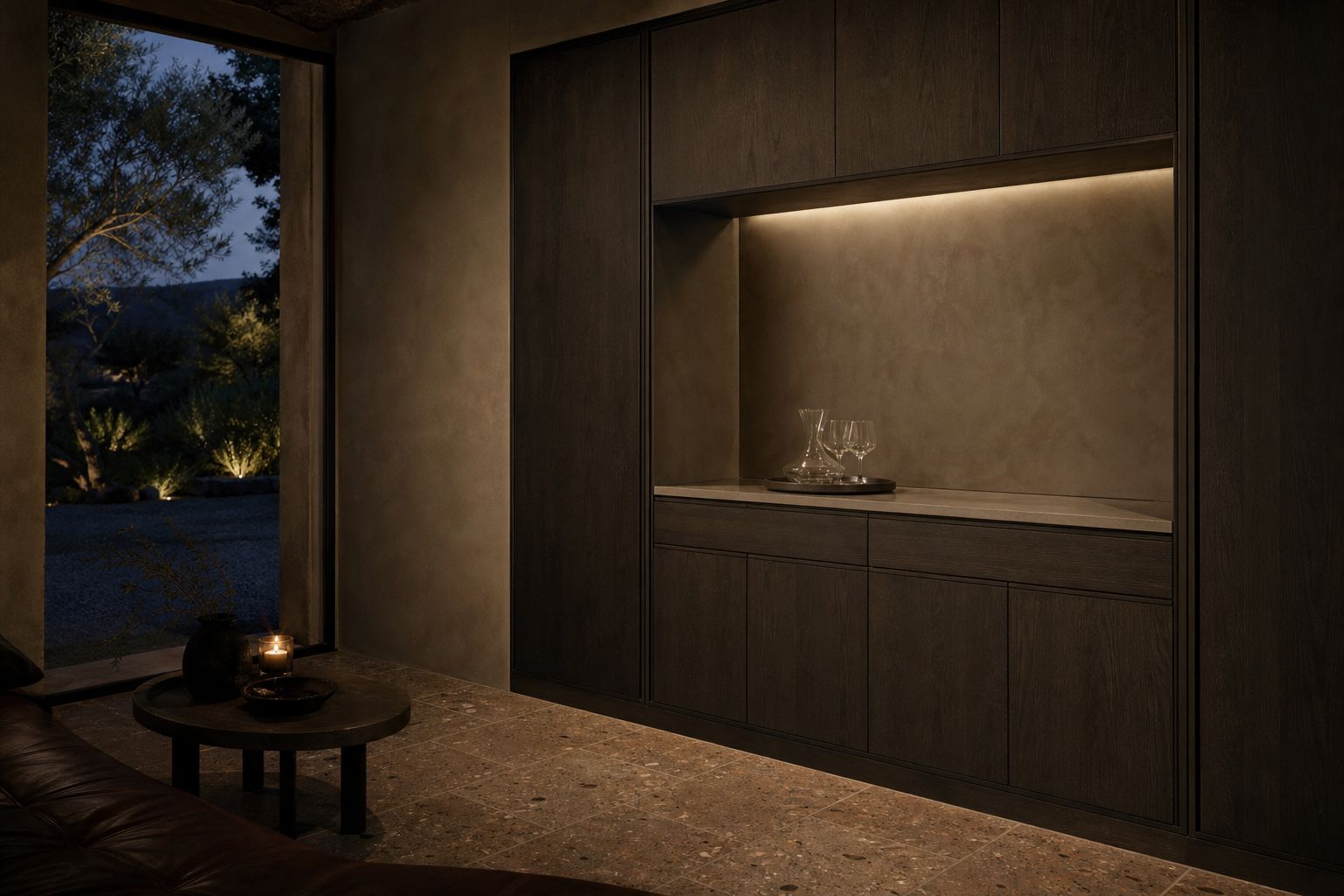 Fadior Grotto Wine Cabinet Suite with Smoked Oak Pouring Lounge — lifestyle setting with natural light and residential