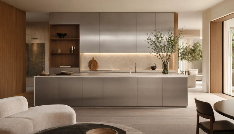 EuroCucina-inspired kitchen atmosphere: brushed 304 stainless steel surfaces, warm oak accents, and open-plan editorial calm.