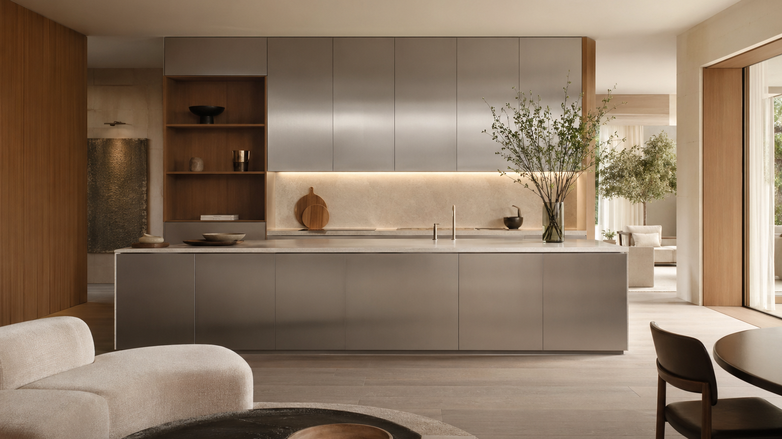 EuroCucina-inspired kitchen atmosphere: brushed 304 stainless steel surfaces, warm oak accents, and open-plan editorial calm.