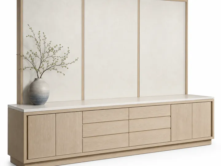 Fadior Patina Living Room Suite with Courtyard Media Credenza — 304 stainless steel living room system, front view