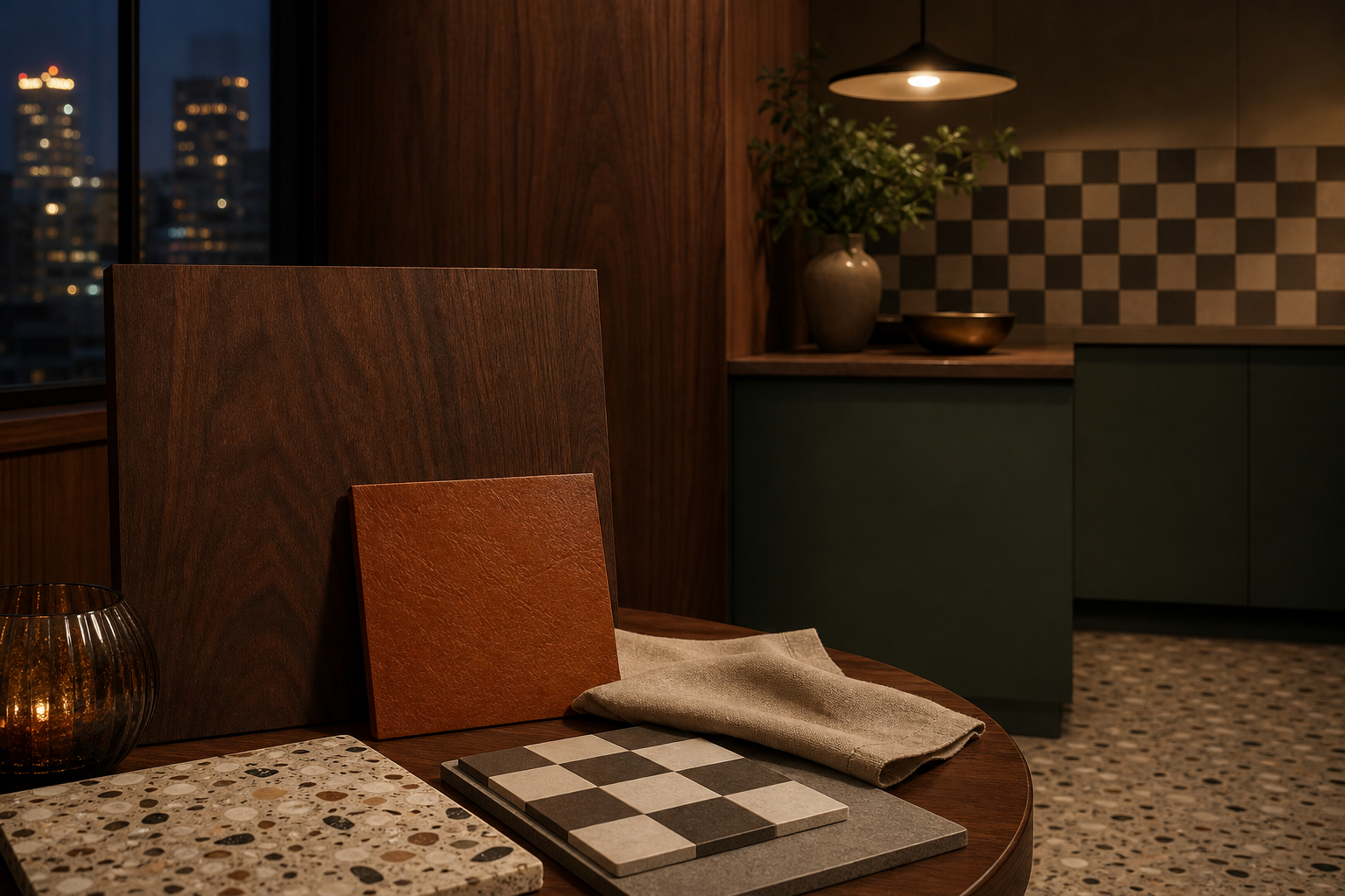 Kitchen material study with walnut grain, cognac leather, taupe linen, and warm decision atmosphere.