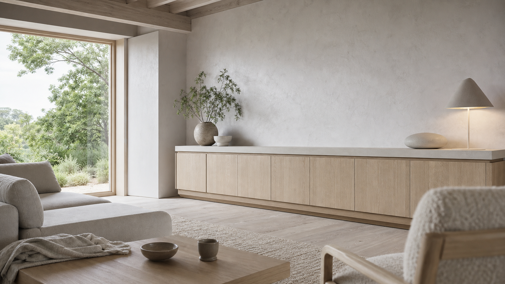Fadior Patina Living Room Suite with Courtyard Media Credenza — lifestyle setting with natural light and residential styling
