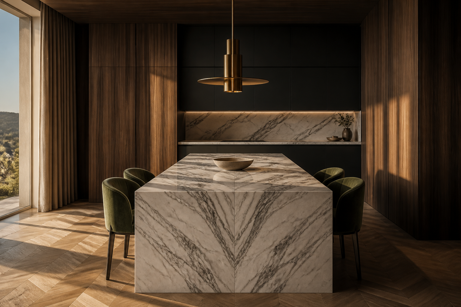 Fadior Athens 450 sqm Kitchen Villa — Fadior Athens surface scene with marble counter, walnut panel, oak parquet,