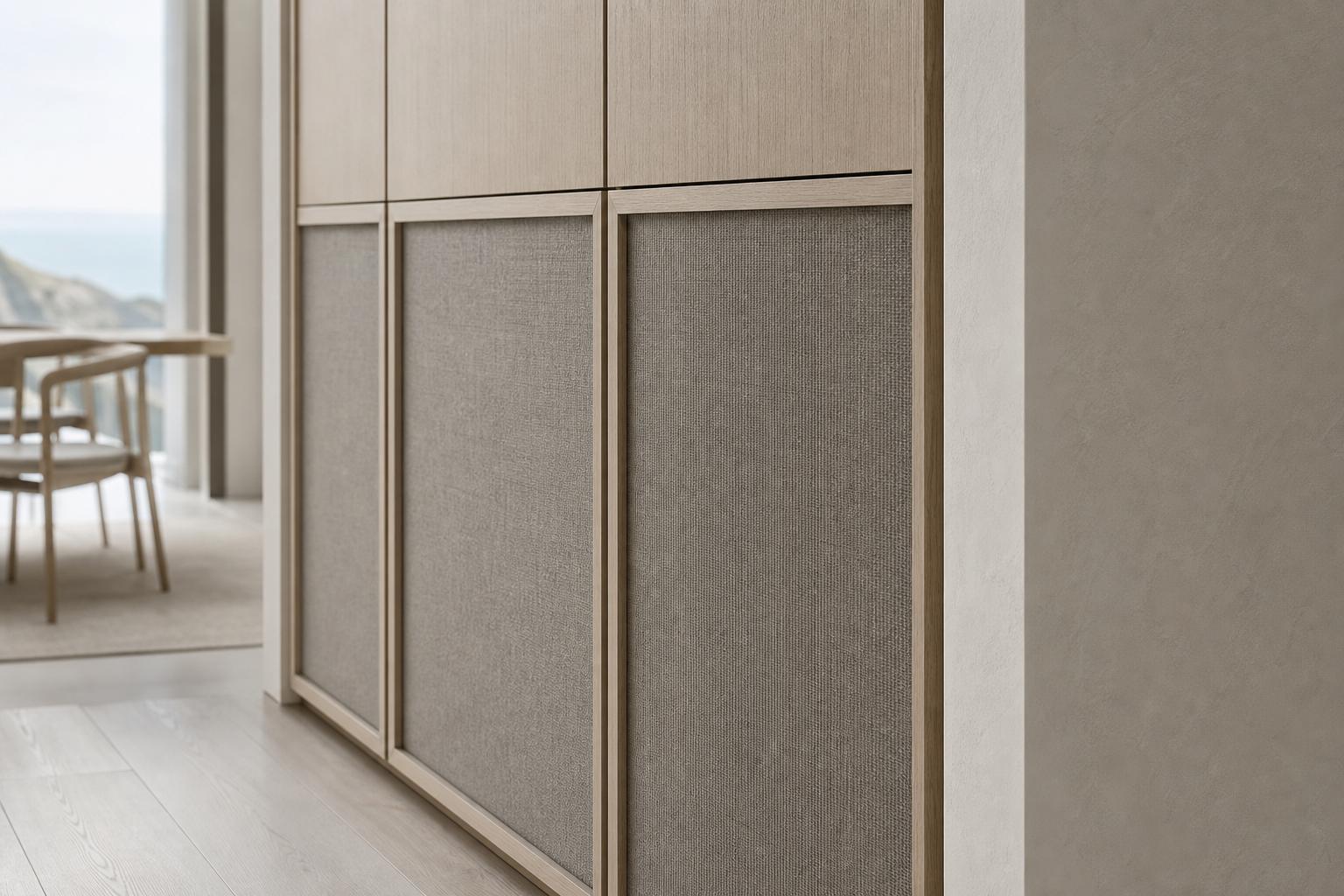 Fadior Elementum Wardrobe Suite with Smoked Wool Privacy Gallery — close-up of stainless steel finish and hardware detail