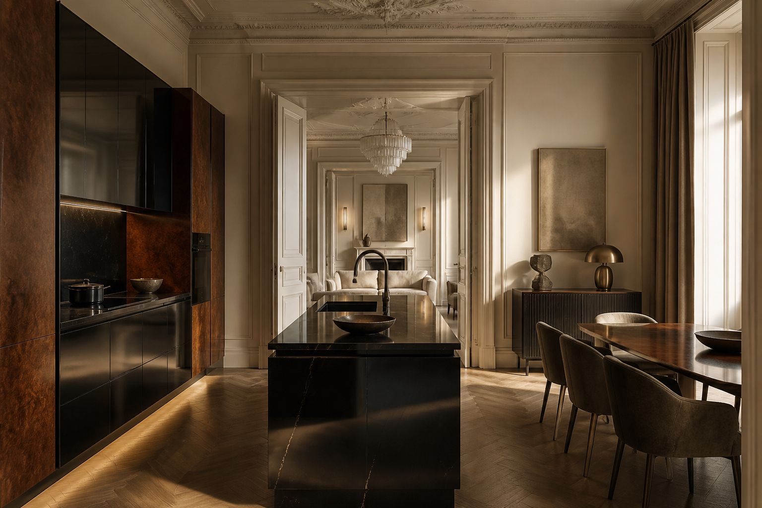 Dining-salon kitchen with chamois walls and lacquer-black cabinetry, an editorial material study for evidence decisions.