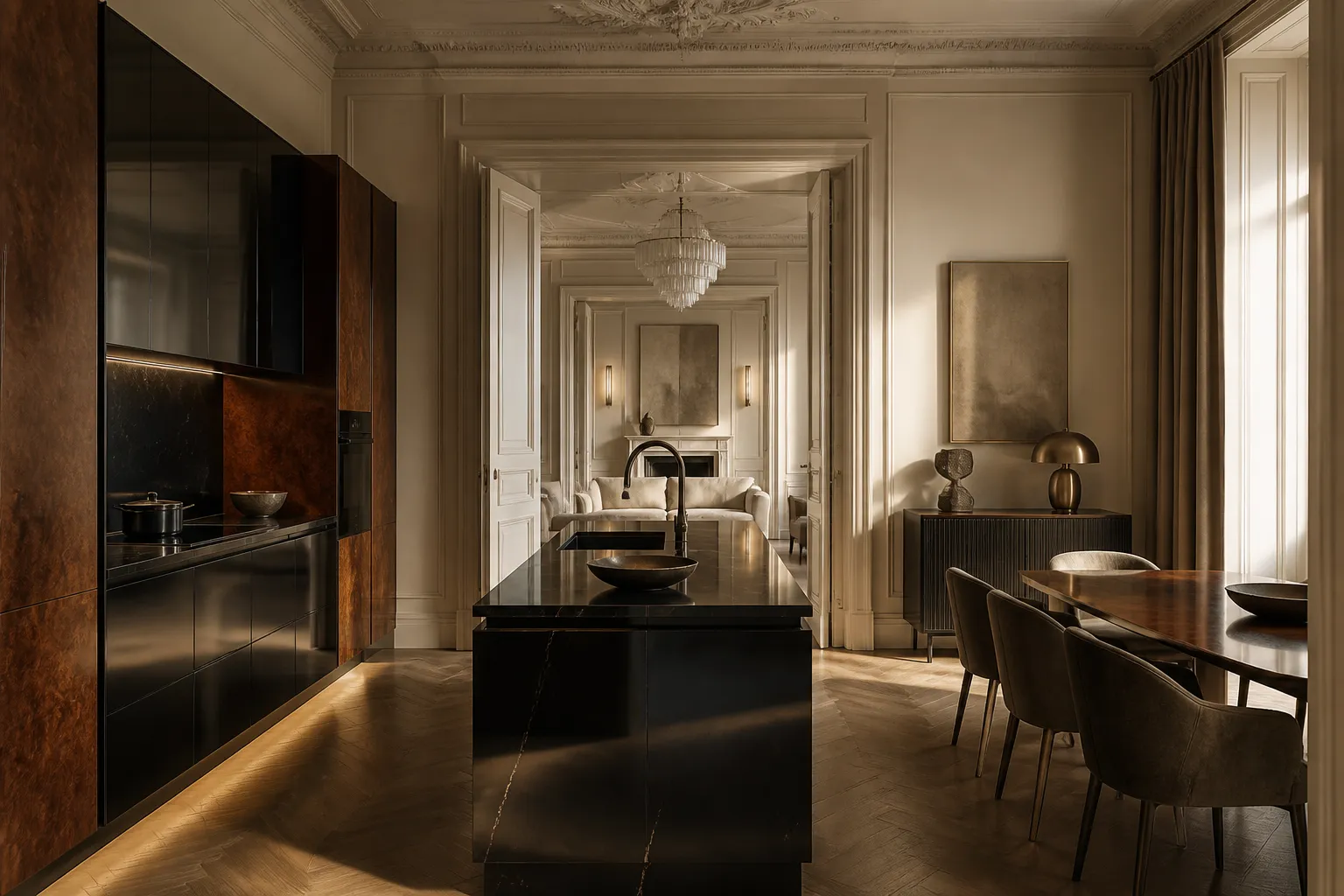 Dining-salon kitchen with chamois walls and lacquer-black cabinetry, an editorial material study for evidence decisions.
