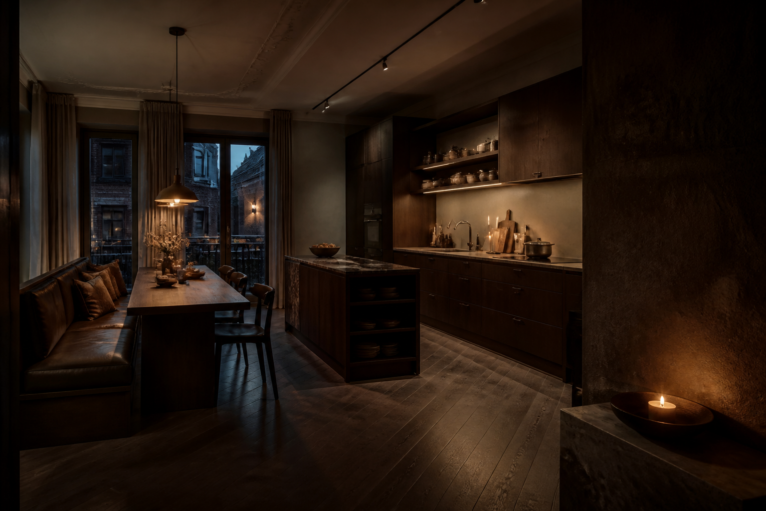 Fadior Copenhagen 140 sqm Kitchen Apartment — A complete kitchen-dining space with a long banquette, table, island,