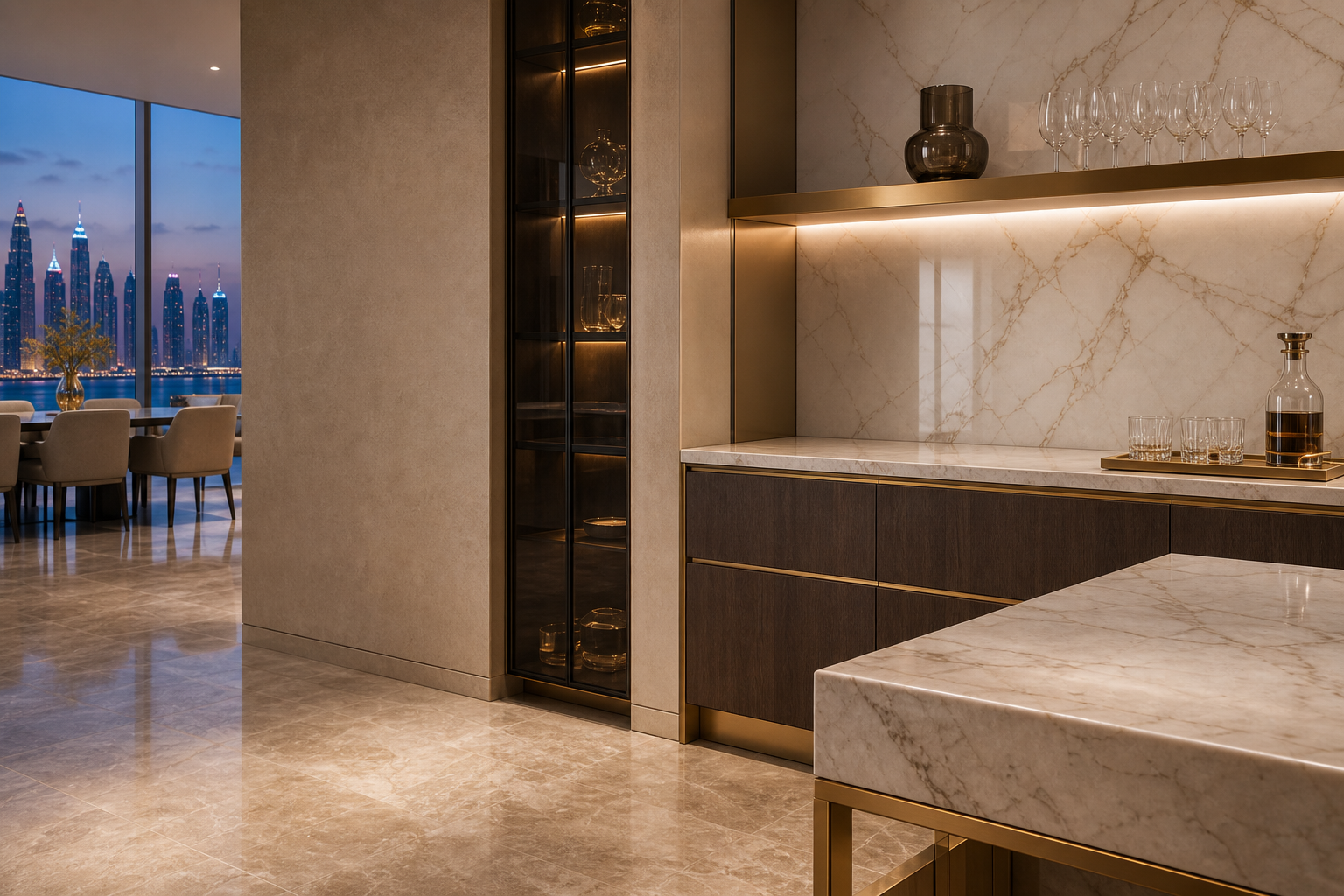 Fadior Dubai 280 sqm Kitchen Penthouse — Dubai finish study with smoked walnut cabinet face, marble island edge,