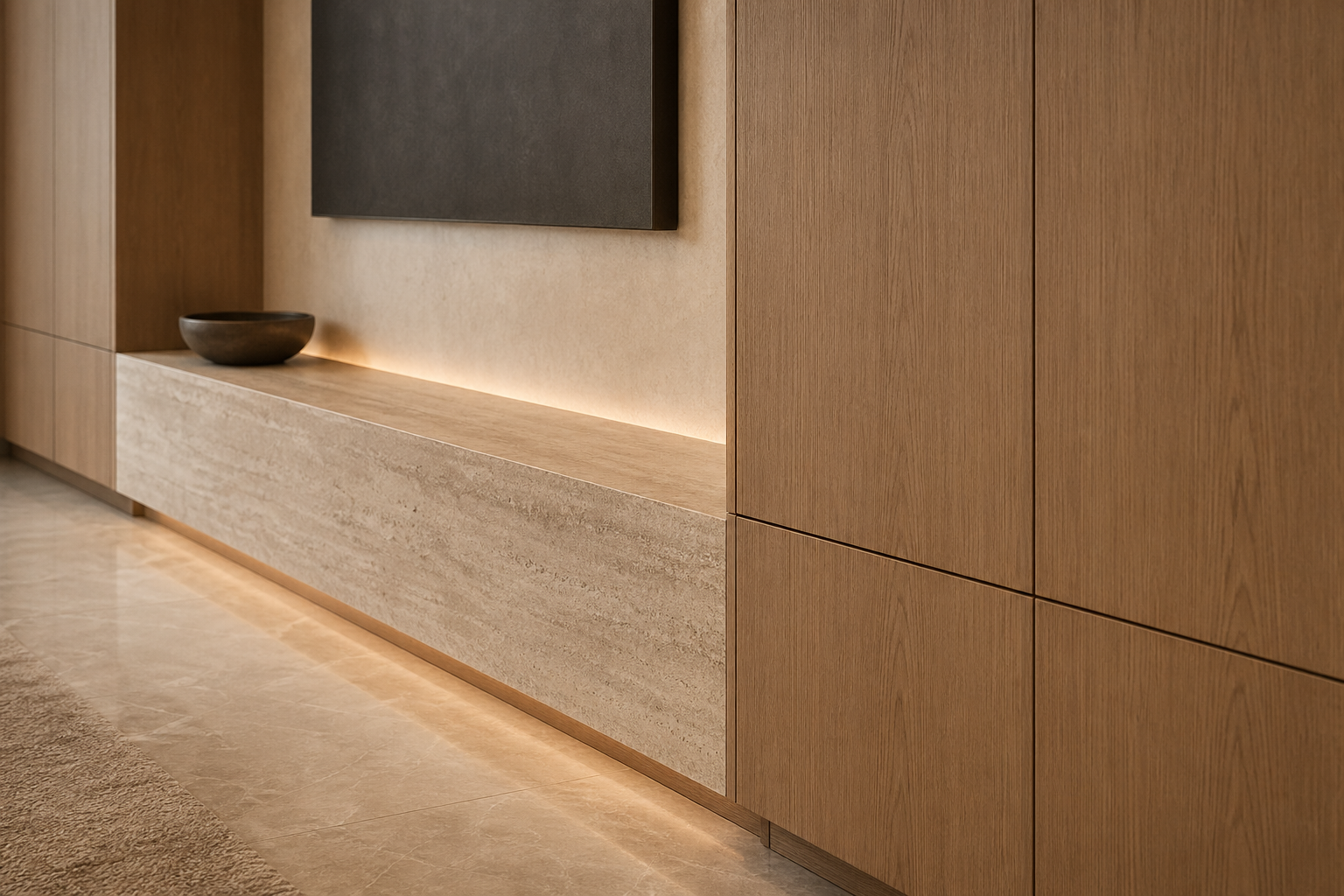 Fadior Patina Living Room Suite with Mineral Hearth Media Wall — close-up of stainless steel finish and hardware detail