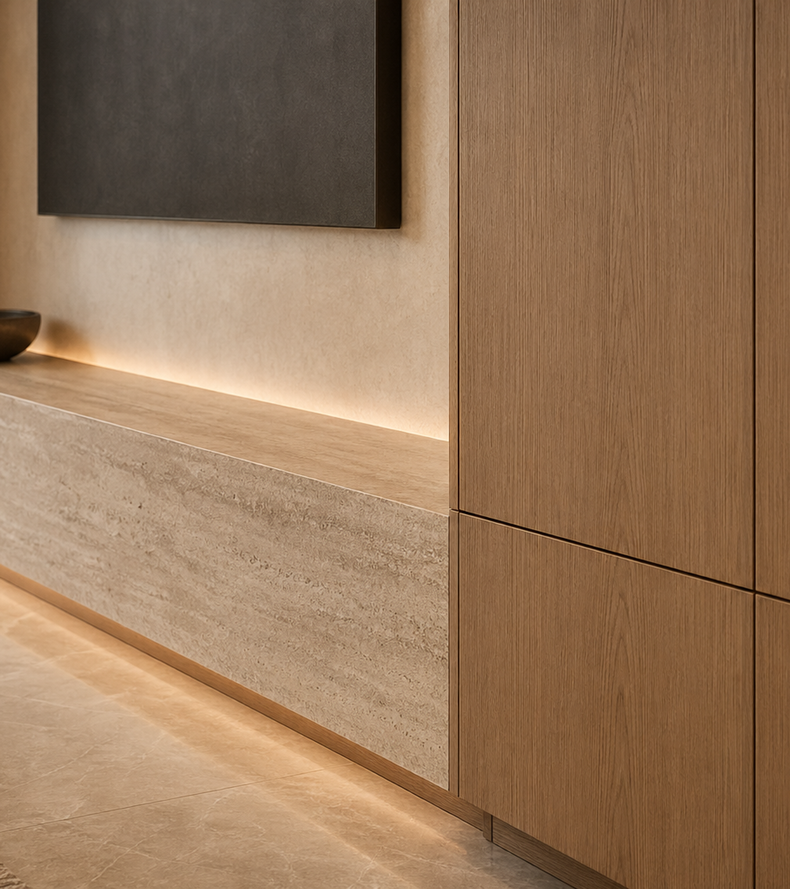 Fadior Patina Living Room Suite with Mineral Hearth Media Wall — close-up of stainless steel finish and hardware detail