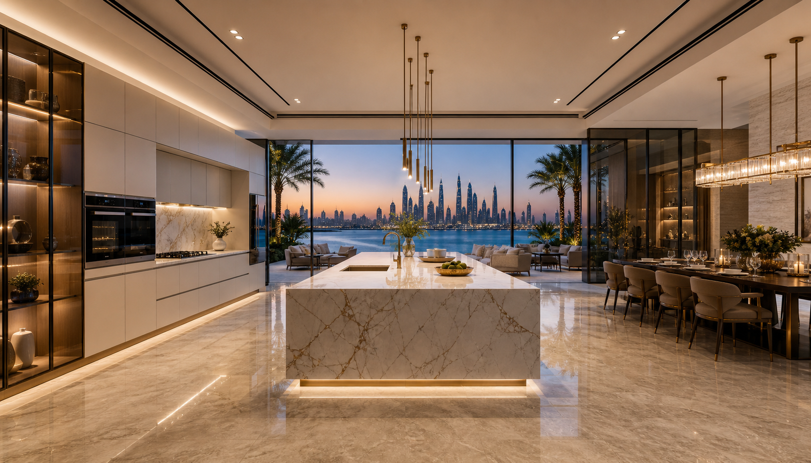 Fadior Dubai 450 sqm Kitchen Villa — marble island, travertine floor, glass window, palm terrace, skyline light — 304 stainless steel cabinetry installation by Fadior