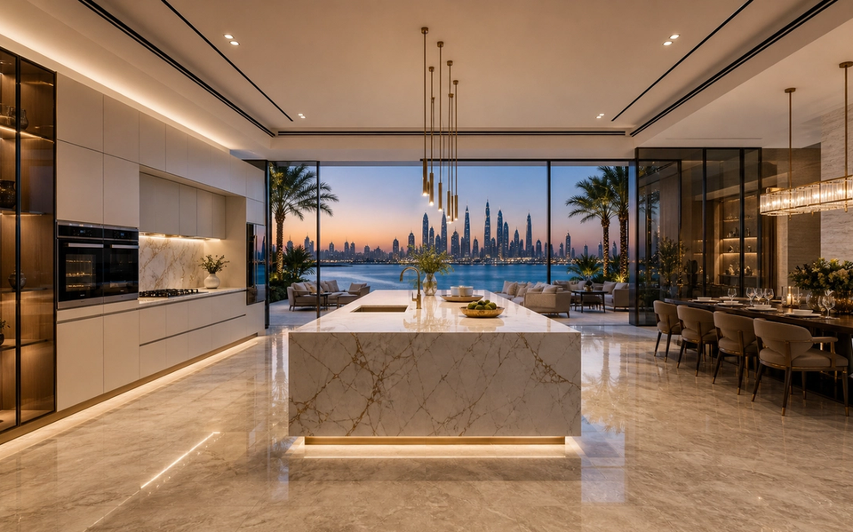 Fadior Dubai 450 sqm Kitchen Villa — marble island, travertine floor, glass window, palm terrace, skyline light — 304 stainless steel cabinetry installation by Fadior
