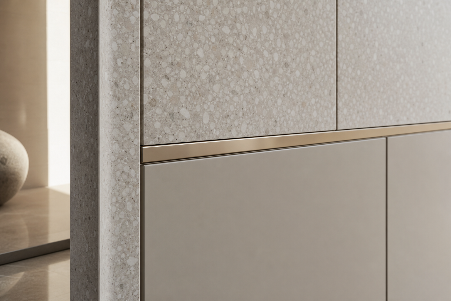 Fadior Terrazzo Wall Panel Suite with Engineered Surface Plane — close-up of stainless steel finish and hardware detail