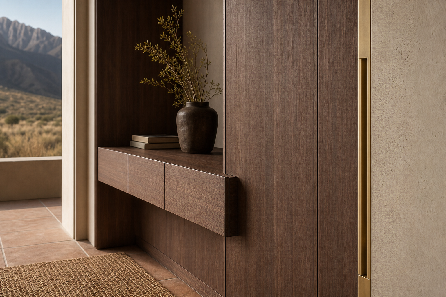 Fadior Elementum Floating Shelf Dressing Wall — close-up of stainless steel finish and hardware detail