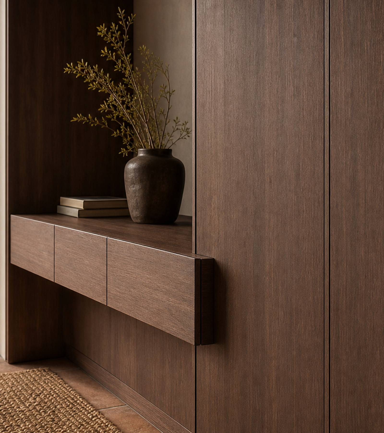 Fadior Elementum Floating Shelf Dressing Wall — close-up of stainless steel finish and hardware detail