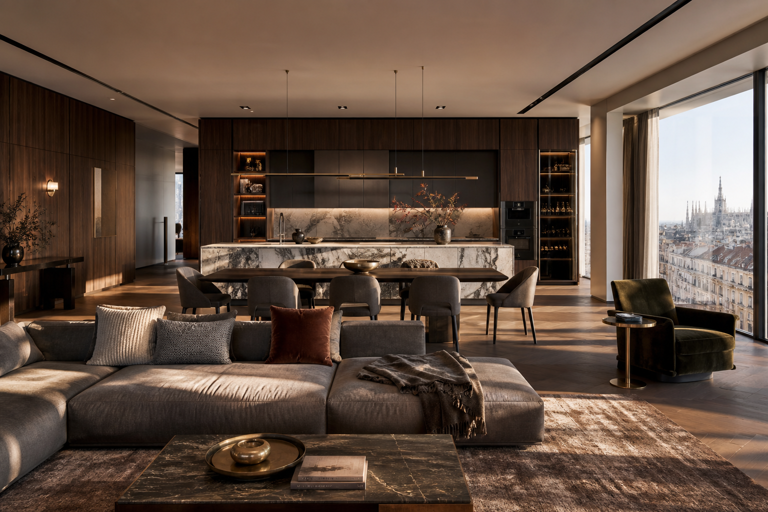 Fadior Milan 200 sqm Kitchen Penthouse — Milan living and dining room with kitchen island, sofa, cabinet wall, wood table, city window, and woven rug