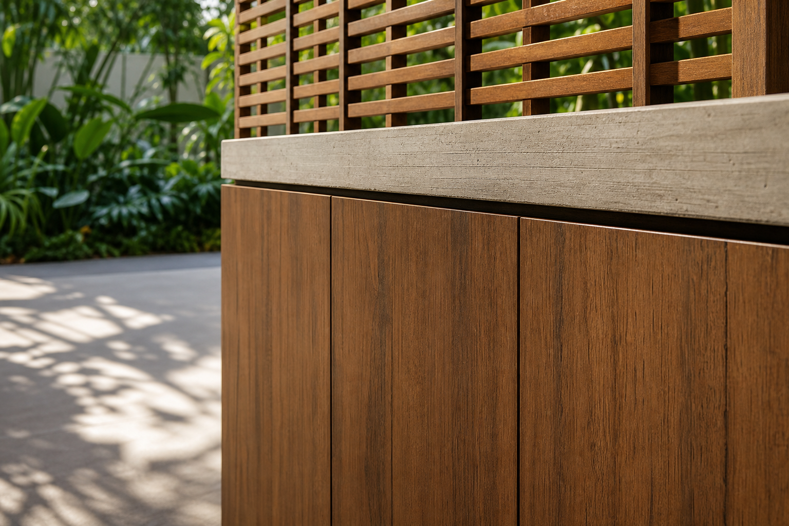 Fadior Horizon Outdoor Kitchen Suite with FSC Ipe Provision Bar — close-up of stainless steel finish and hardware detail