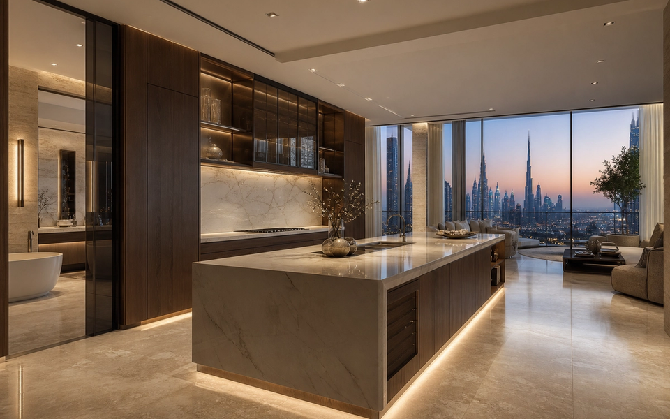 Fadior Dubai 180 sqm Kitchen Bath Penthouse — Study — Dubai penthouse kitchen with marble island, walnut cabinets, — 304 stainless steel cabinetry installation by Fadior