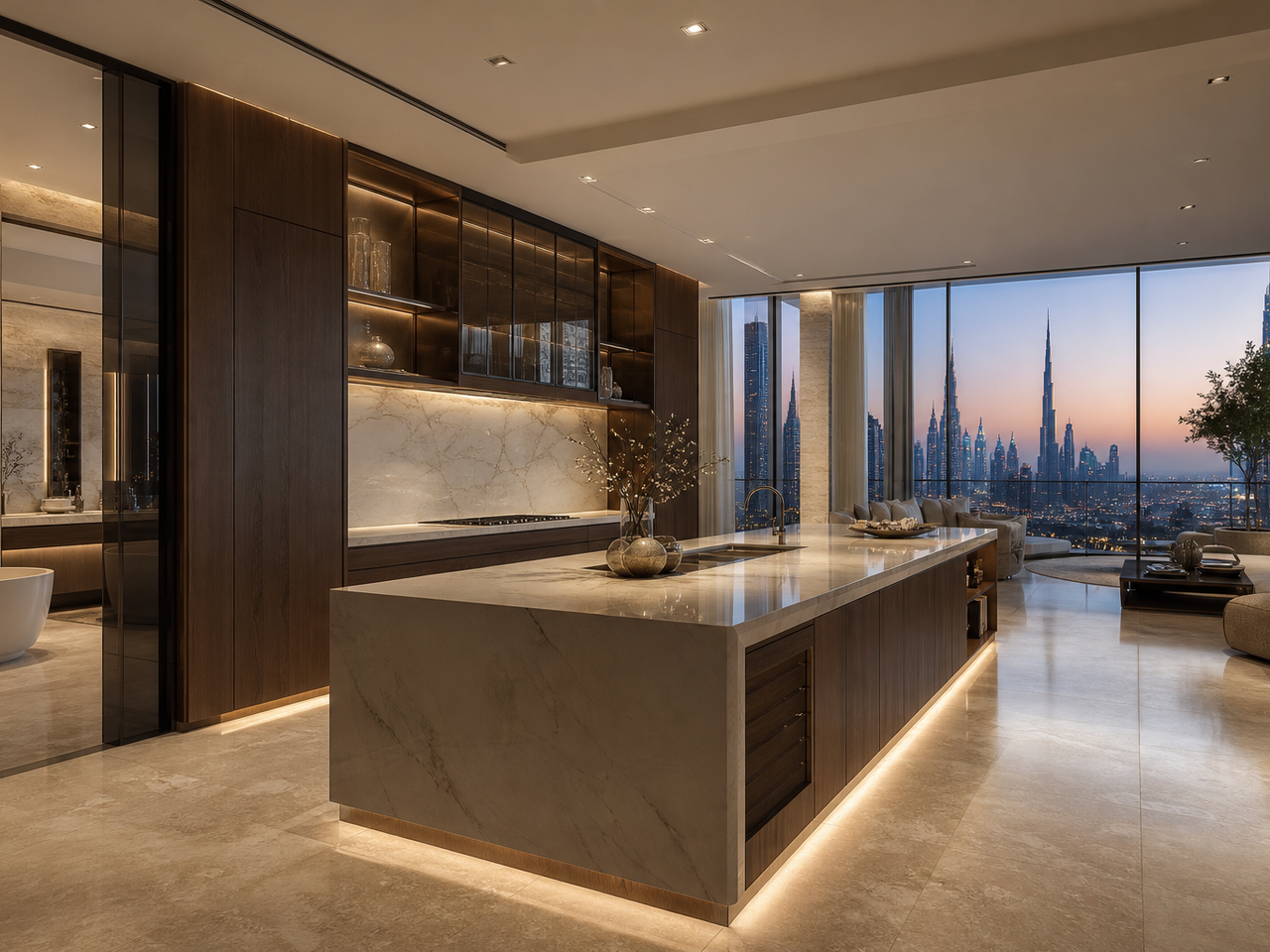 Fadior Dubai 180 sqm Kitchen Bath Penthouse — Study — Dubai penthouse kitchen with marble island, walnut cabinets, — 304 stainless steel cabinetry installation by Fadior