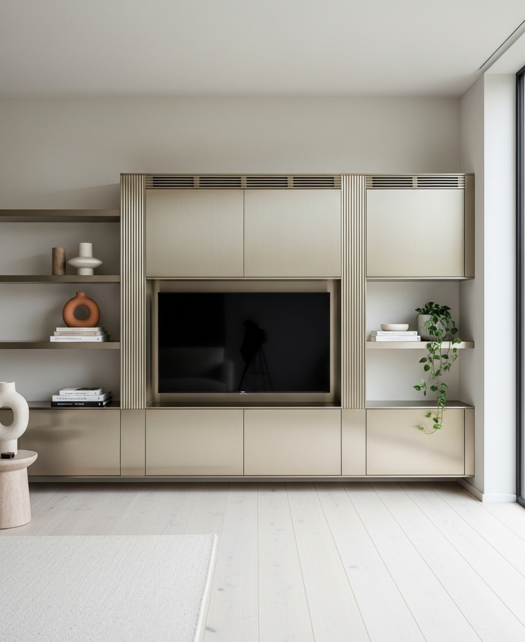 Fadior Essence Media Wall — 304 stainless steel living room system, front view