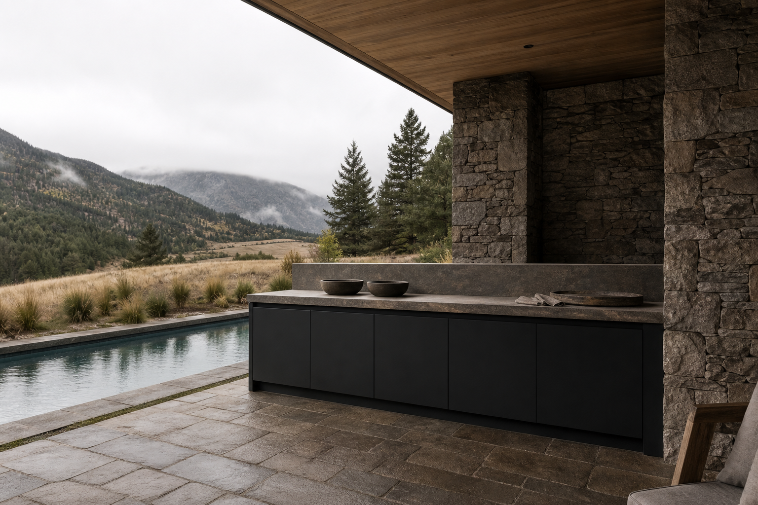 Fadior Horizon Outdoor Kitchen Suite with Charcoal Parapet Serving Run — lifestyle setting with natural light and