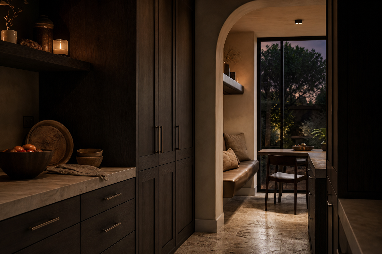 Fadior London 120 sqm Kitchen Villa — London townhouse pantry niche with tall cabinet doors, serving counter, arched opening,