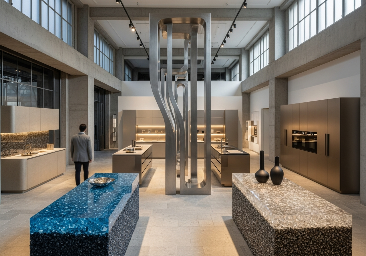 Fadior Milan Design Week Steel Pavilion — visitor perspective through showroom