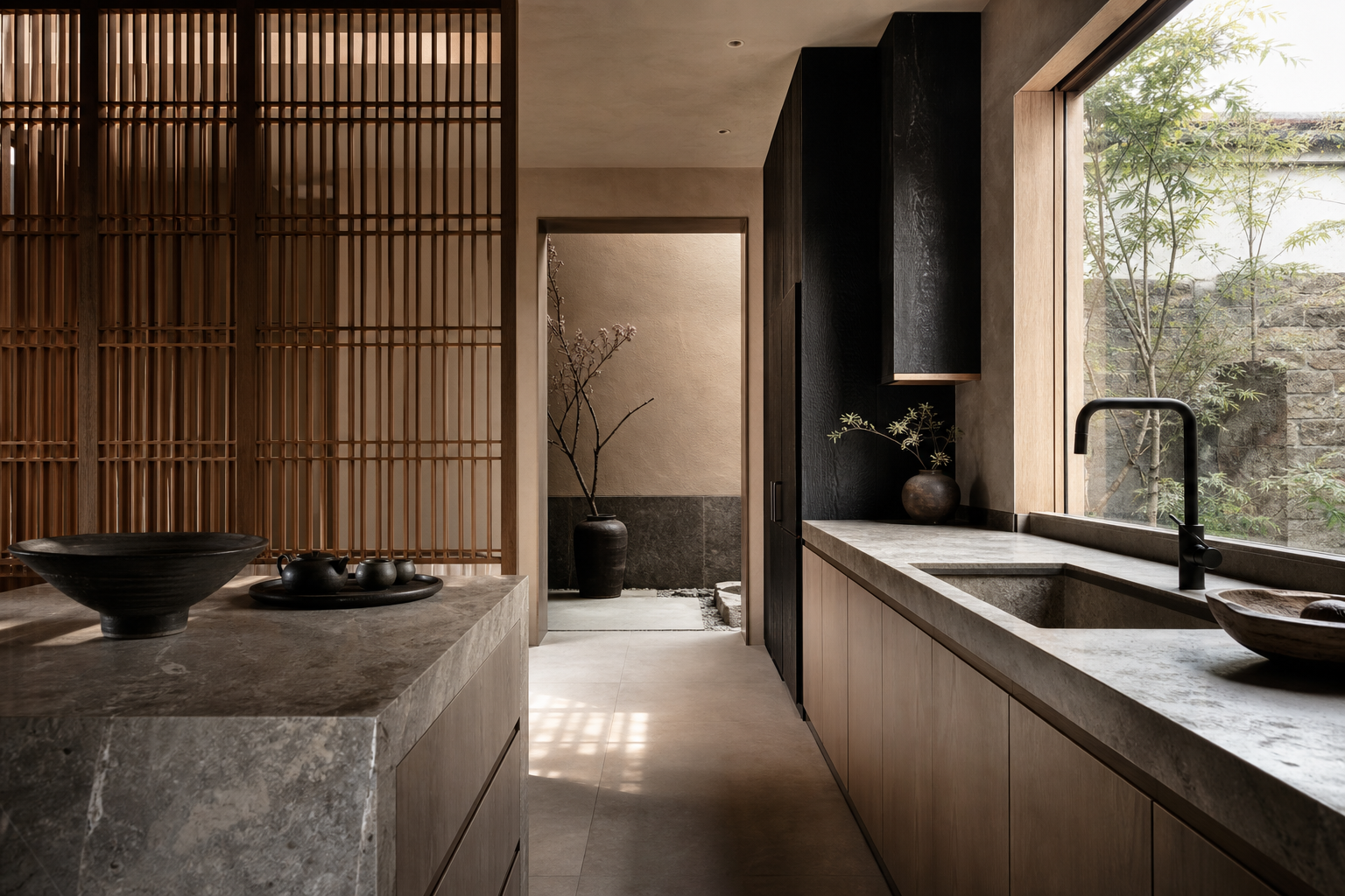 Fadior Shanghai Garden Courtyard Villa — Shanghai kitchen workspace with travertine island, sink, wood lattice screen,