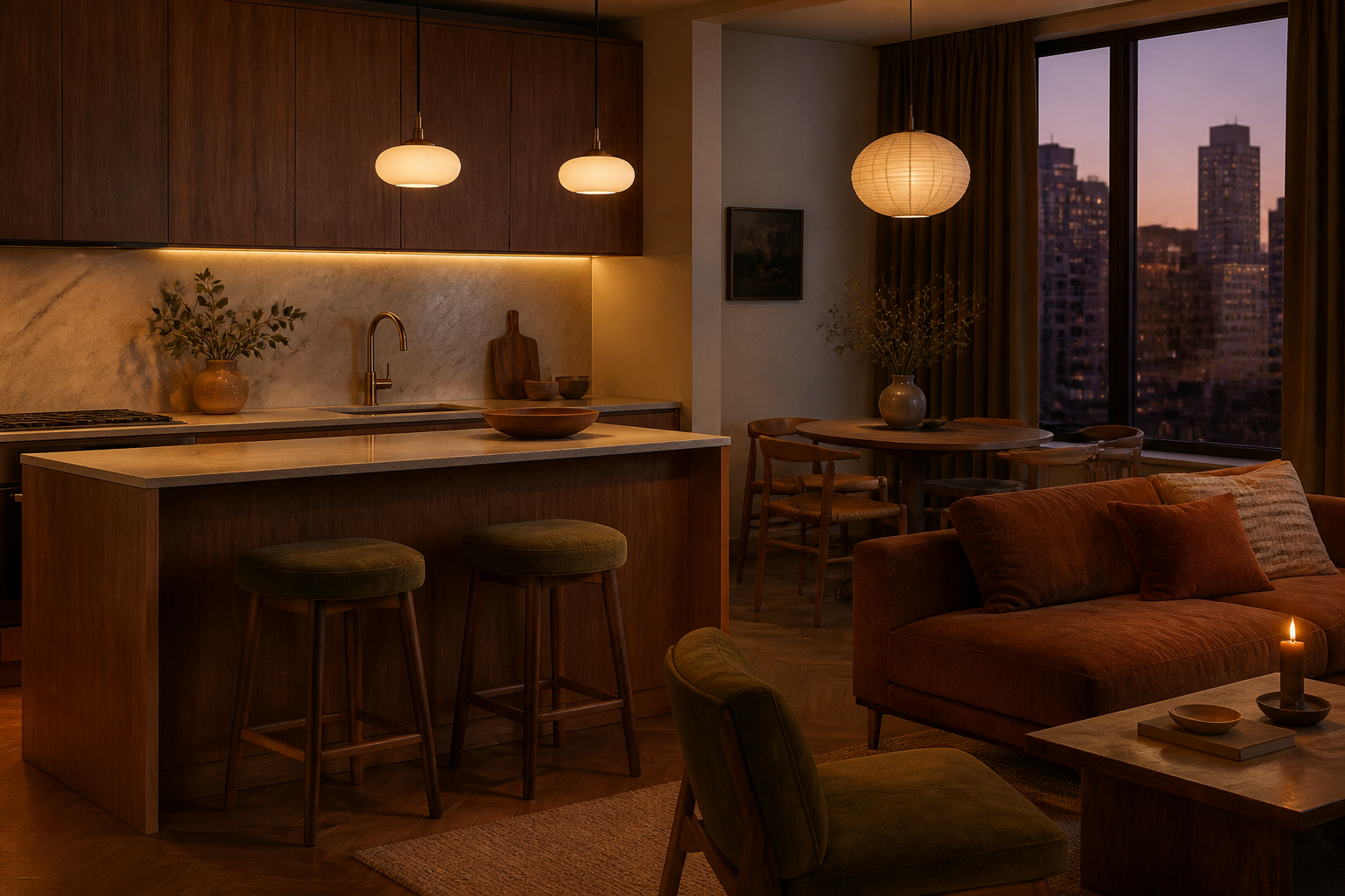 Quiet evening kitchen, breakfast bar and dining area in a warm urban apartment