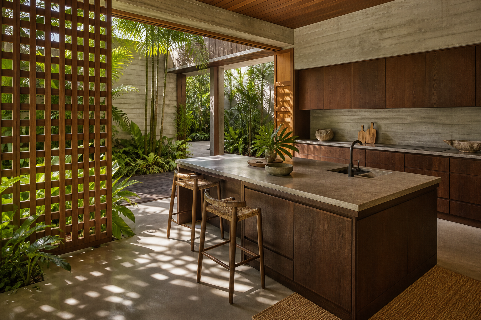 Fadior Singapore Garden Courtyard Villa — Singapore kitchen workspace with timber island, stone counter, cane stools, concrete wall, wood lattice, tropical plants, sink, and courtyard opening