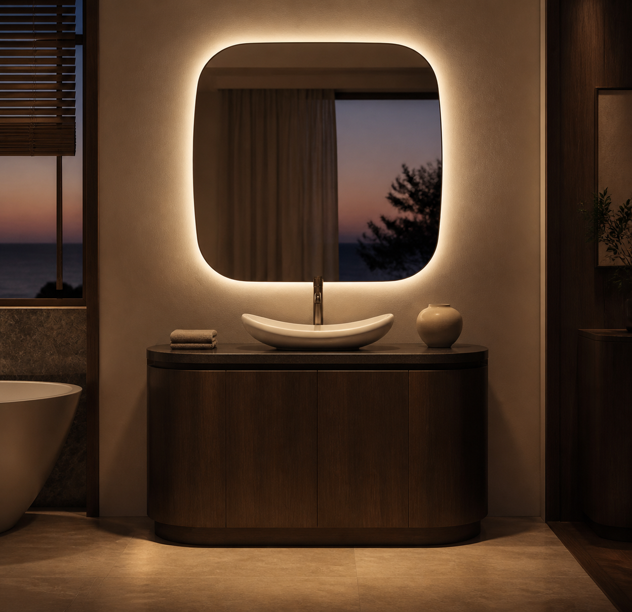 Conjunto de lavabo y tocador Verve con consola de pila en media luna estudio de adaptación