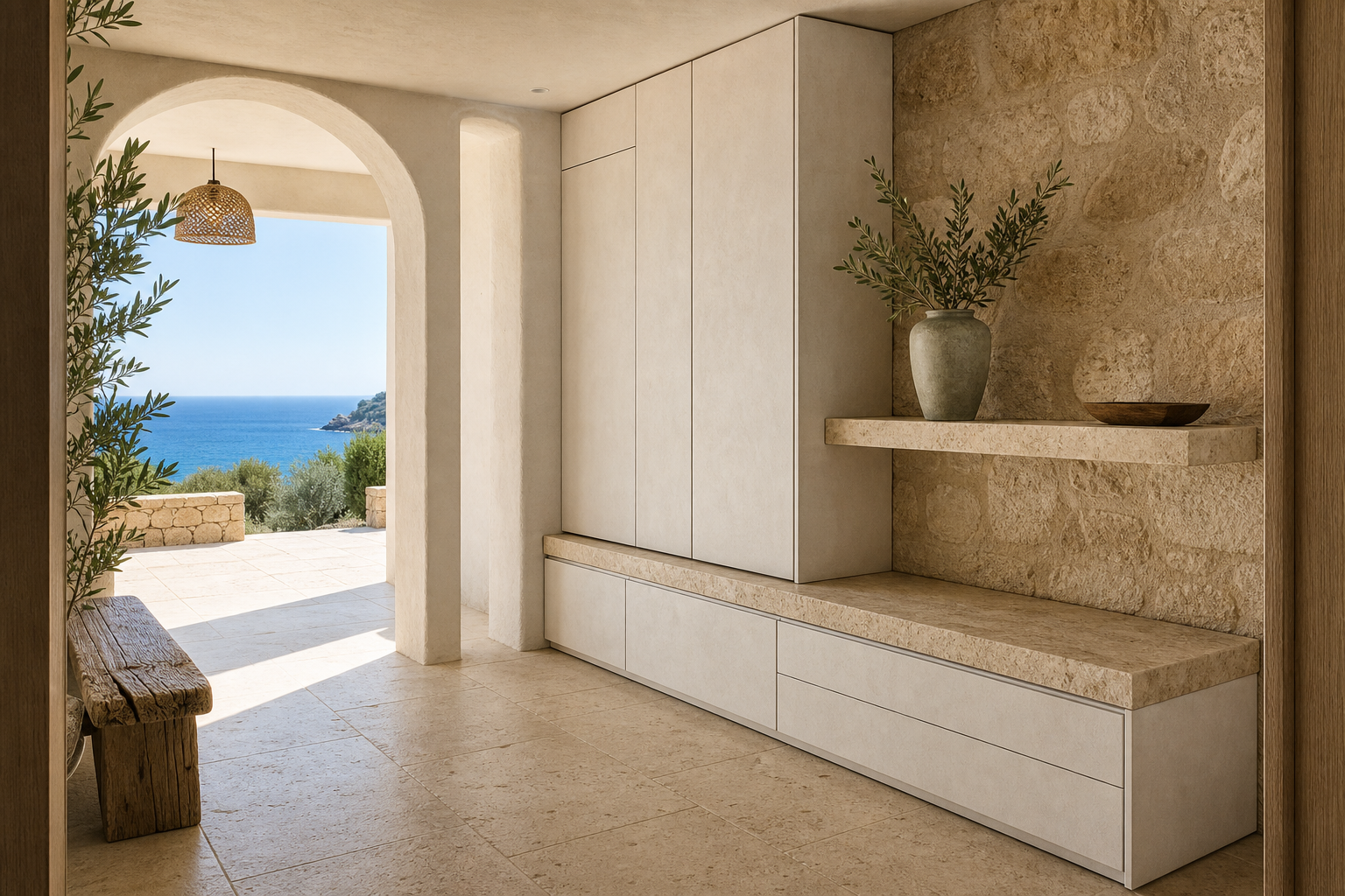 Fadior Ecliptic Entryway Suite with Parcel Ledge Arrival Hutch — interior room context showing cabinet integration