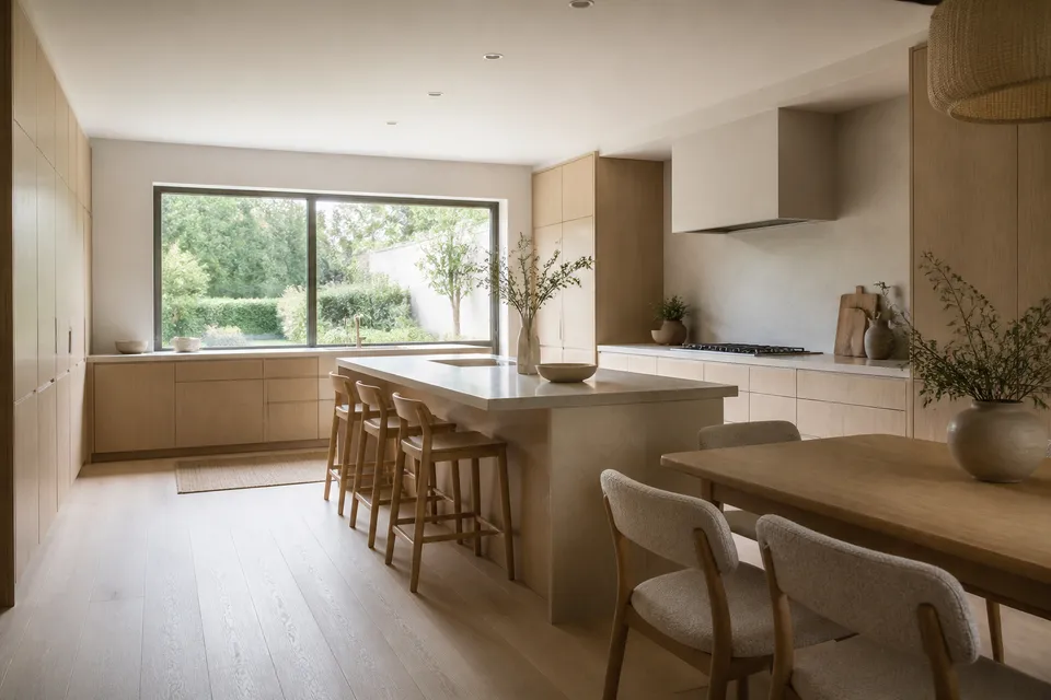 Fadior Tbilisi 340 m² Villa Cocina — pale cabinetry, isla, mesa de comedor, garden window and oak floor