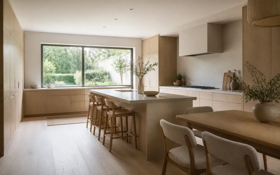 Fadior Tbilisi 340 sqm Kitchen Villa — pale cabinetry, island, dining table, garden window and oak floor — 304 stainless steel cabinetry installation by Fadior