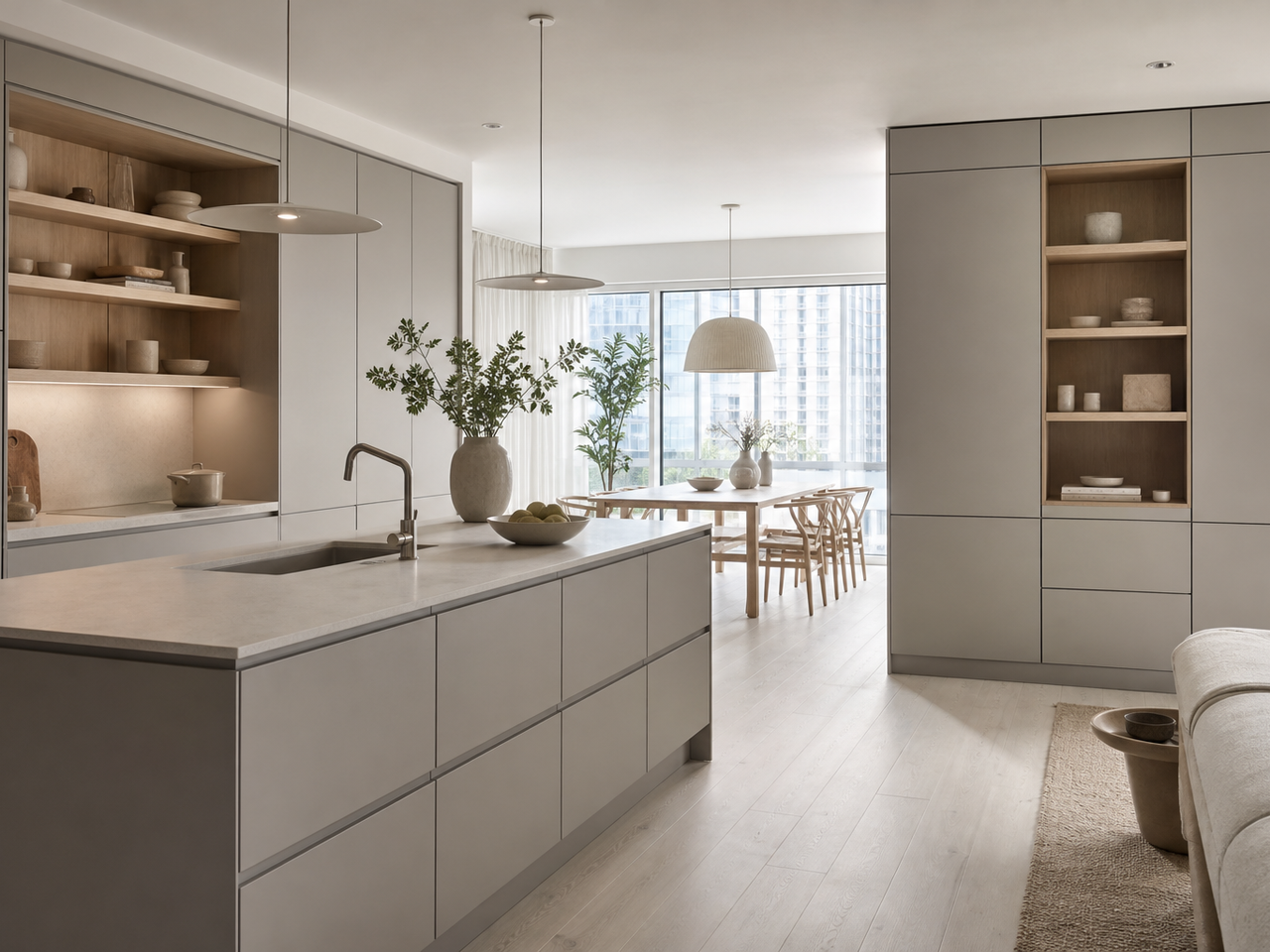 Airy apartment kitchen with warm grey cabinet planes, pale counters, and soft dining connection. — 304 stainless steel cabinetry editorial by Fadior