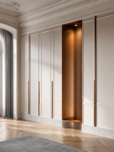 Fadior Elementum Wardrobe Suite with Bronze Pivot Dressing Niche — 304 stainless steel wardrobe system, front view