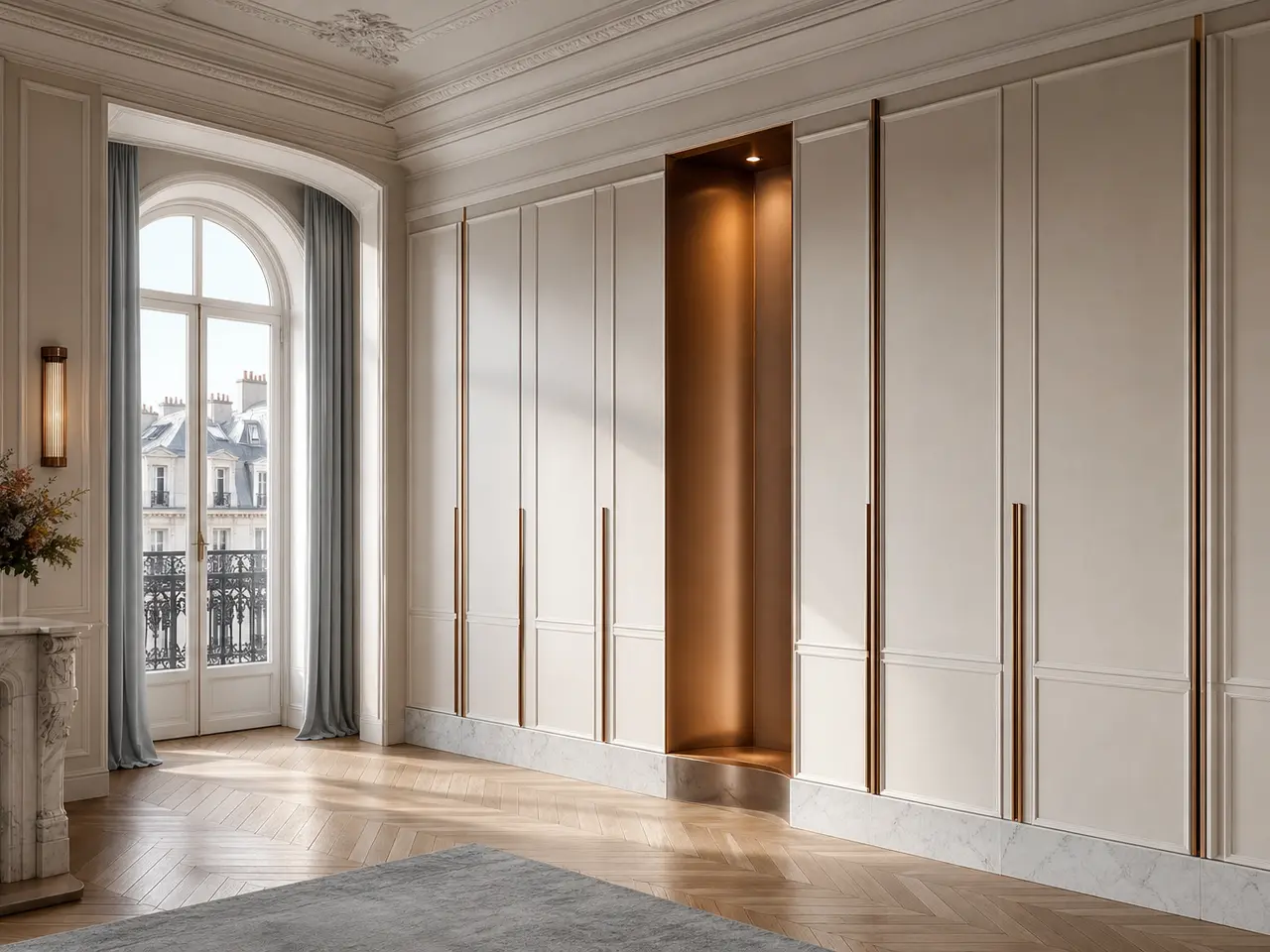 Fadior Elementum Wardrobe Suite with Bronze Pivot Dressing Niche - custom 304 stainless steel wardrobe or walk-in closet with lighting, hanging, drawer storage, and residential finishes