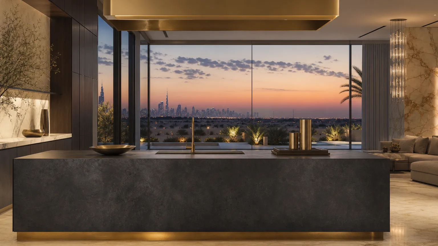 Kitchen atmosphere with charcoal island, cream stone, and desert glazing for raw surface mood.