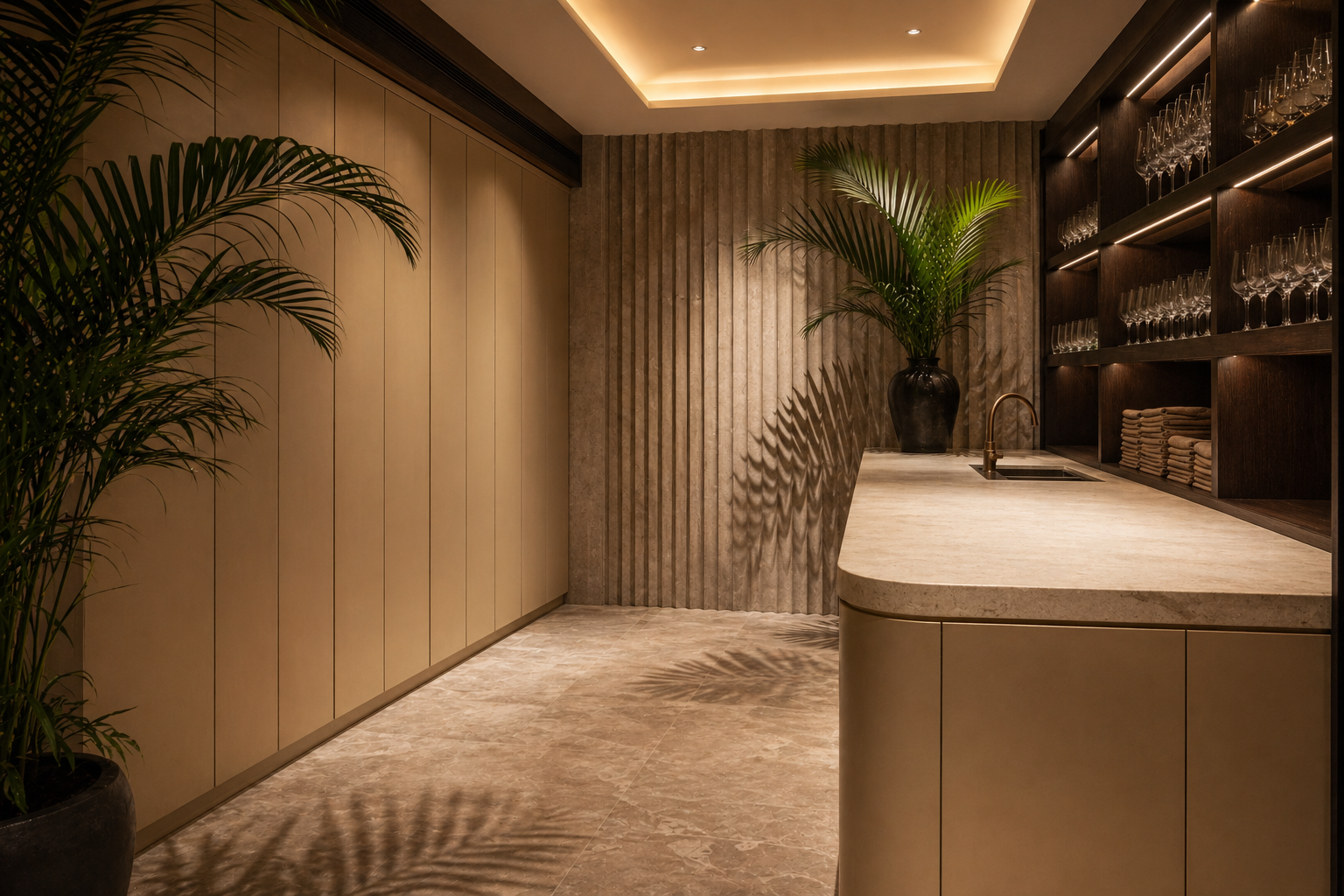 Fadior Singapore Private Club — wine cabinet, service counter, stone wall, timber shelf