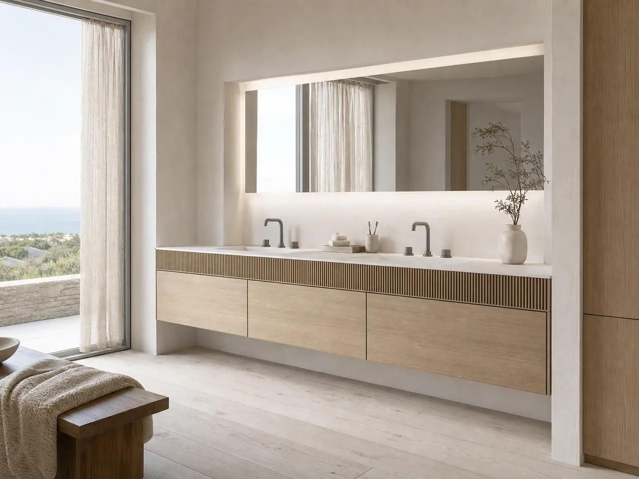 Fadior Verve Bath and Vanity Suite with Ribbed Mixer Basin Rail - waterproof 304 stainless steel bath vanity with mirror storage, moisture-resistant finishes, and grooming storage