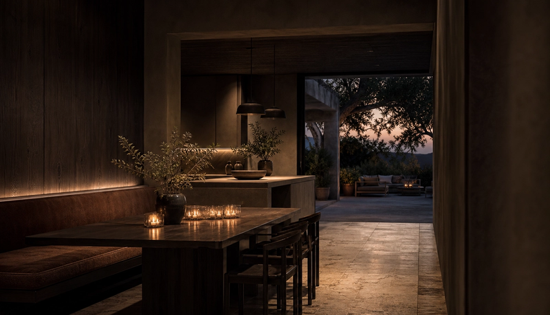 Monastic living kitchen atmosphere opening to a covered terrace for evening hosting. — 304 stainless steel cabinetry editorial by Fadior