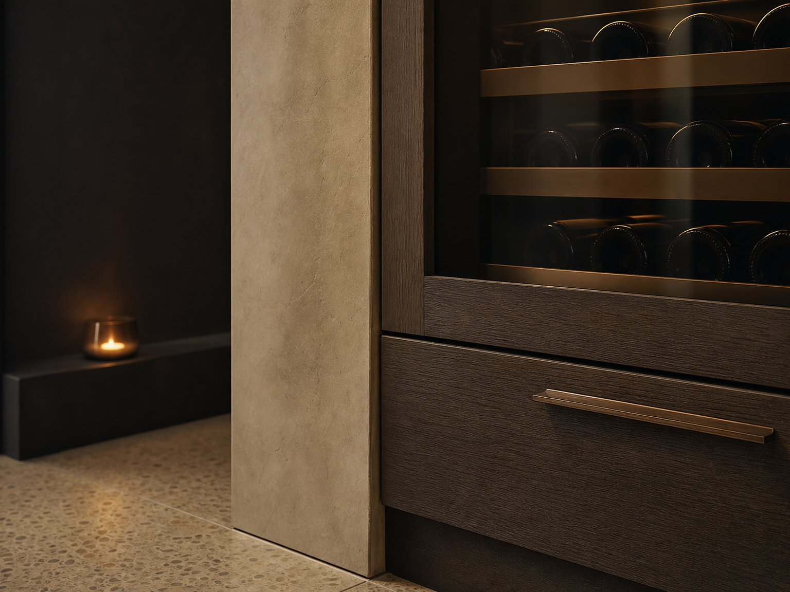 Fadior Grotto Wine Cabinet Suite with Cove Decanter Pantry — close-up of stainless steel finish and hardware detail