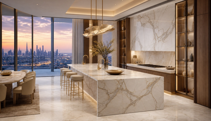 Luminous Gulf villa kitchen atmosphere for a luxury supply-chain audit and sourcing review. — 304 stainless steel cabinetry editorial by Fadior