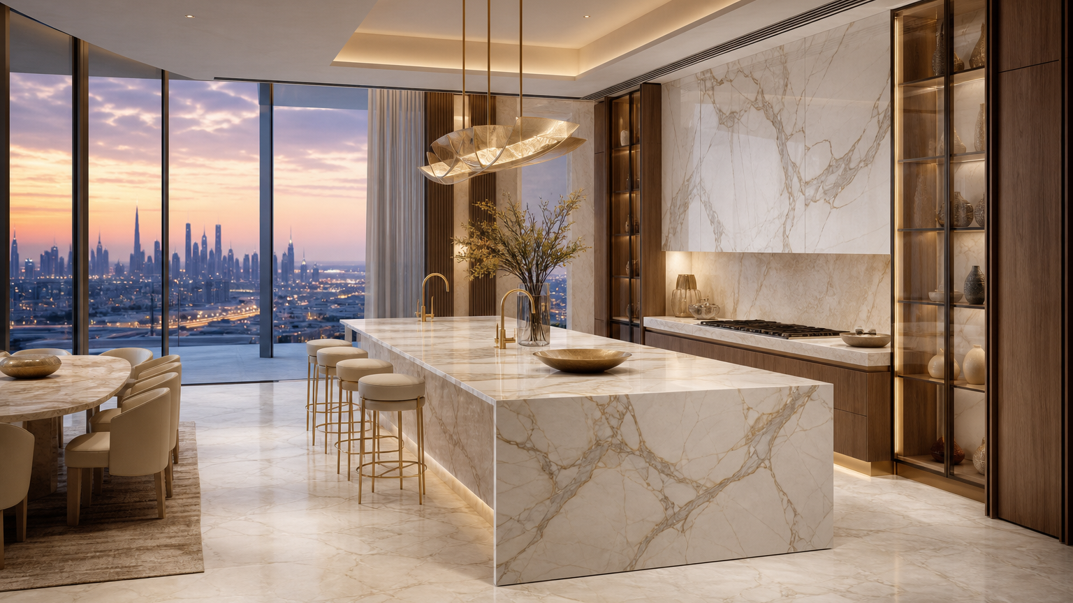 Luminous Gulf villa kitchen atmosphere for a luxury supply-chain audit and sourcing review.