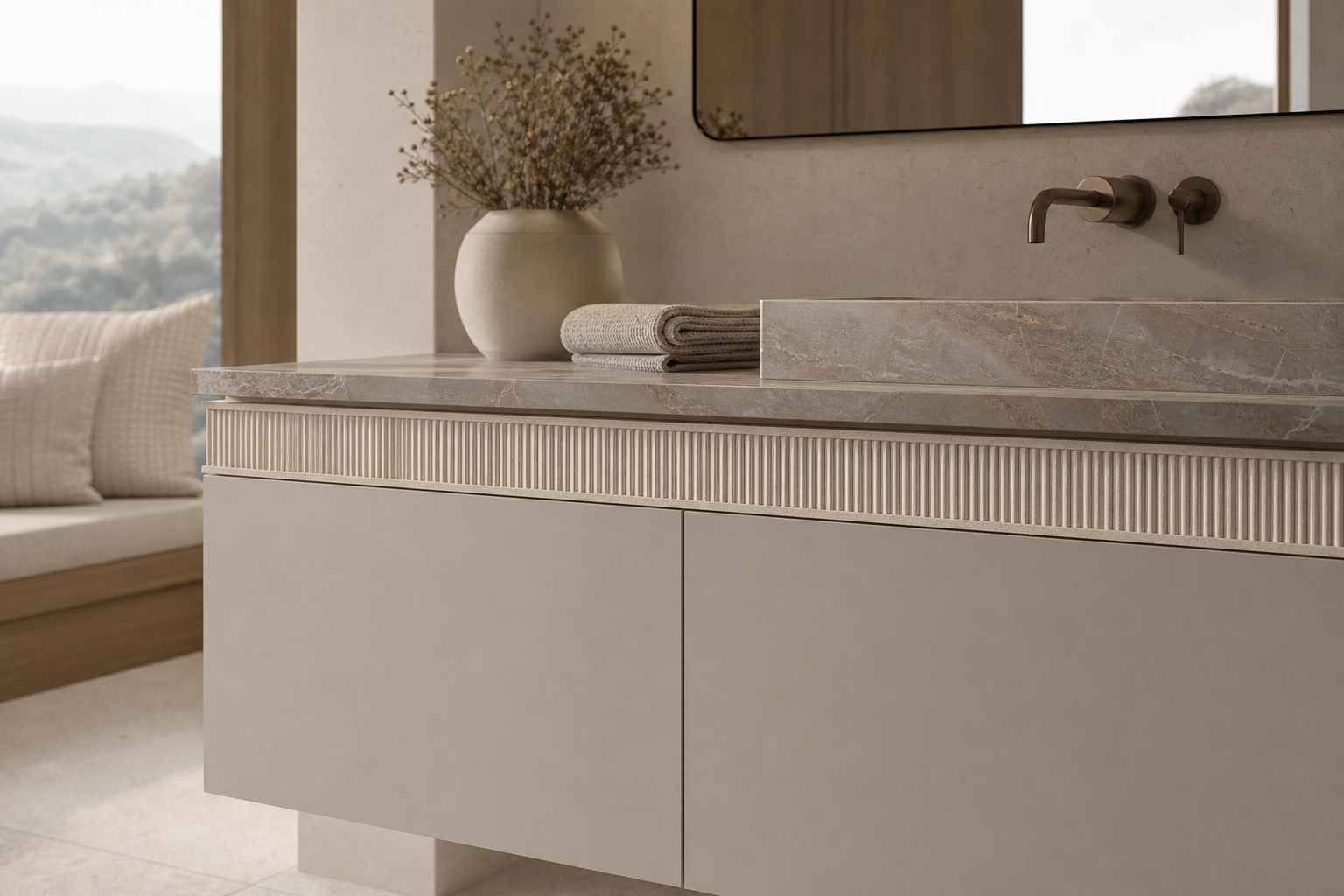 Fadior Alcove Bath and Vanity Suite with Reeded Limestone Towel Datum — close-up of stainless steel finish and hardware