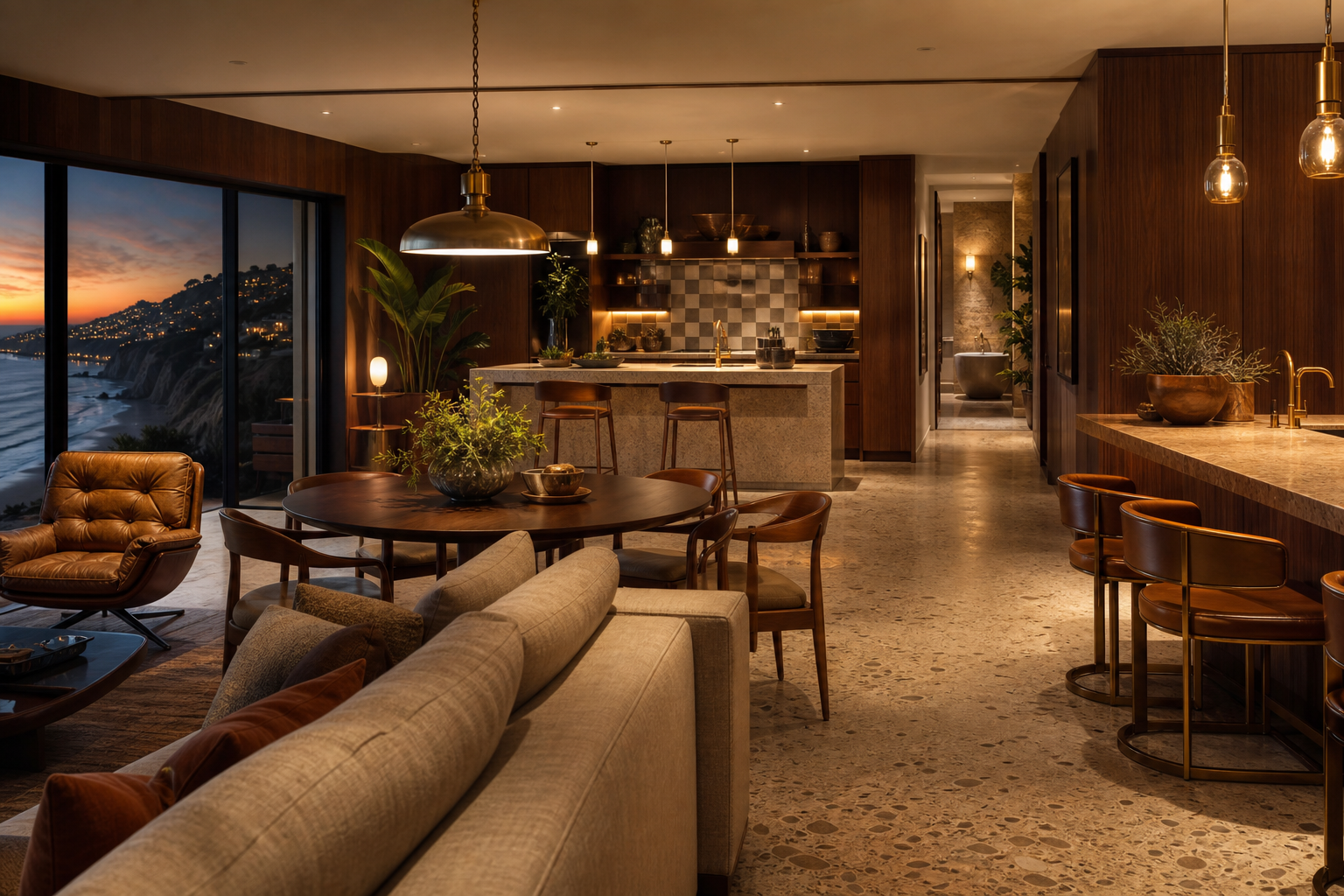 Fadior Malibu 480 sqm Kitchen Bath Villa — Malibu villa living room with kitchen island, dining table, linen sofa,