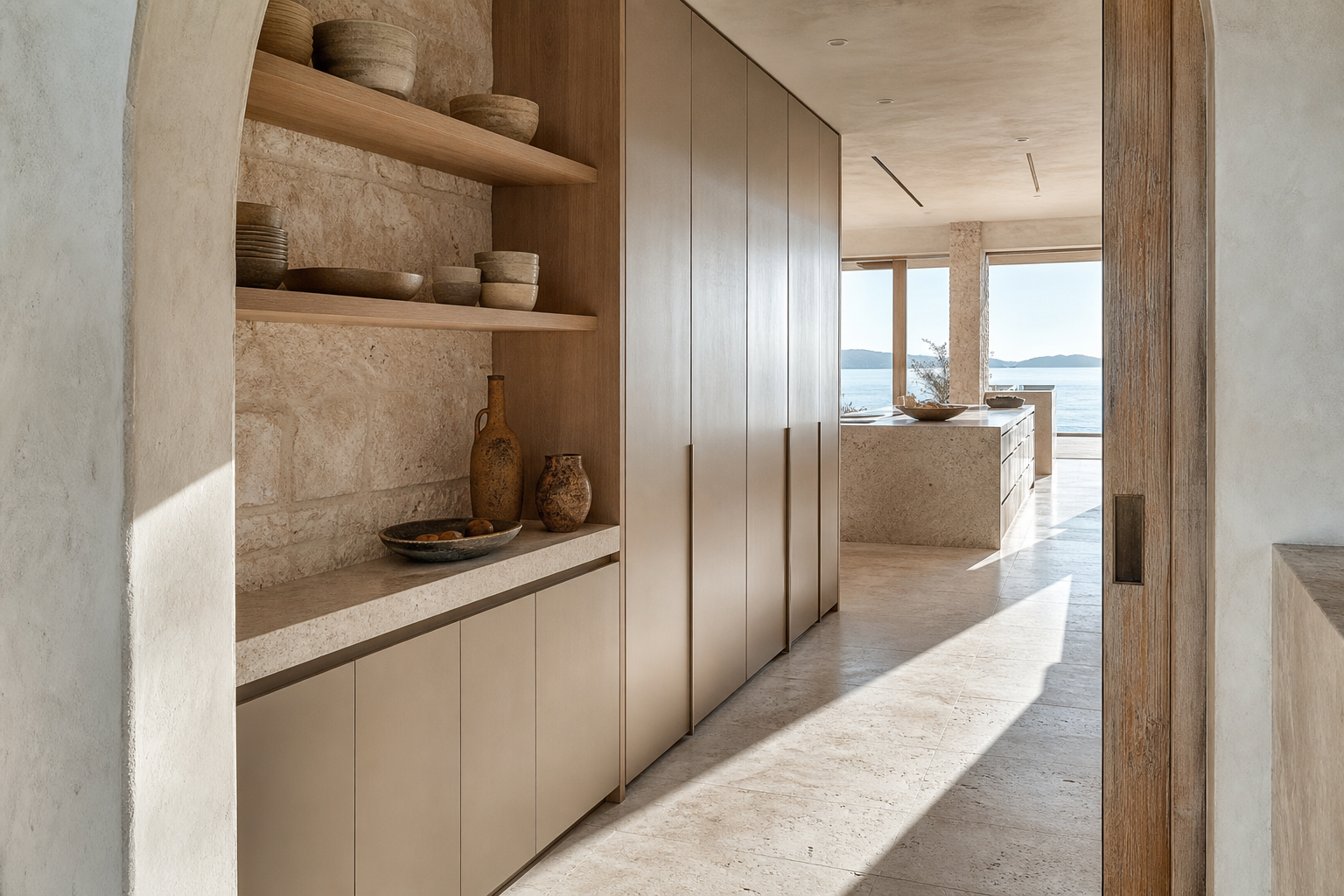 Fadior Hangzhou 220 sqm Kitchen Penthouse — Hangzhou pantry wall, counter shelf, cabinet doors, limestone wall, teak floor