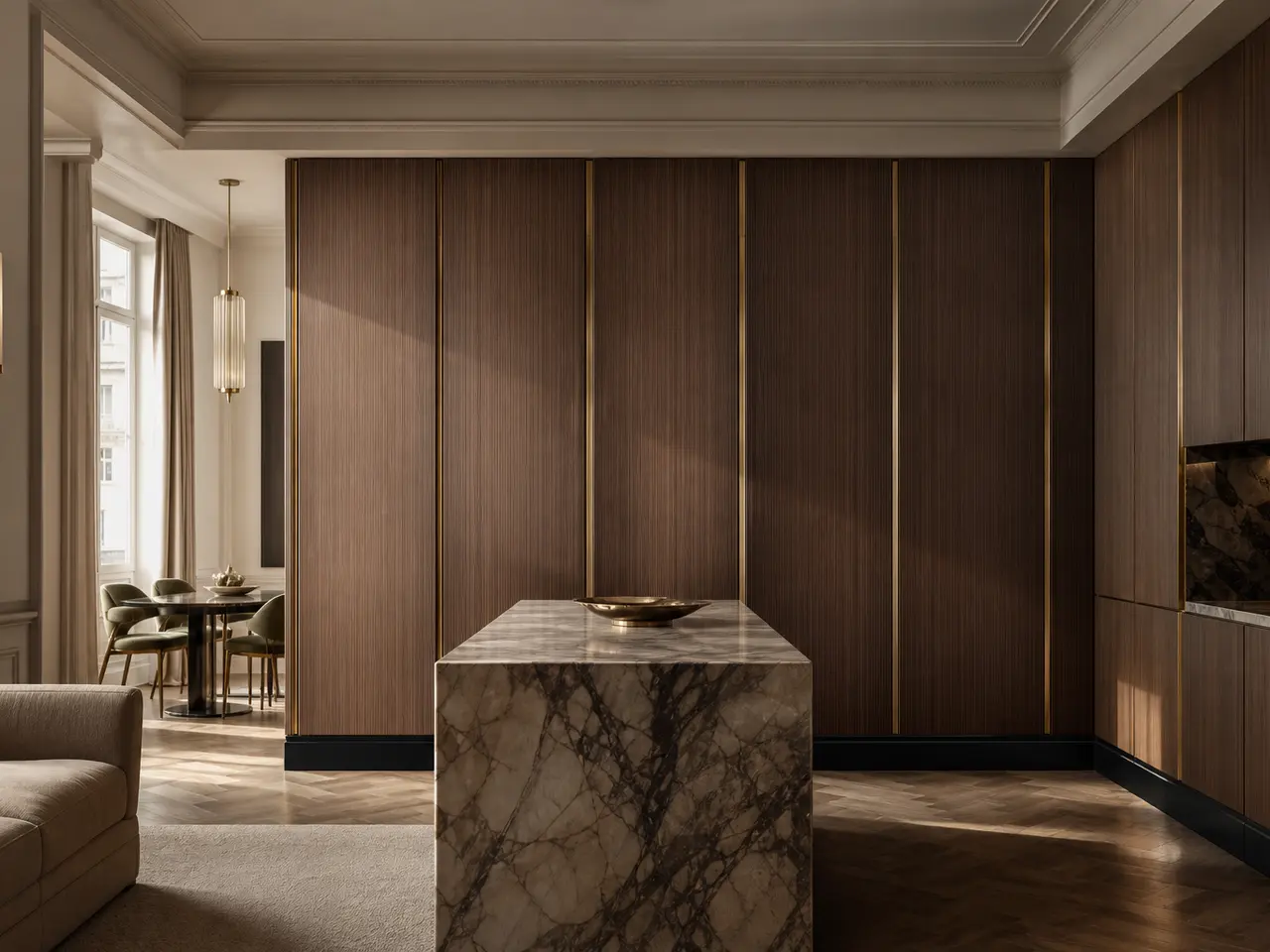 Fadior Miroir Wall Panel Suite with Reeded Pearl Glide Plane - 304 stainless steel wall panel system with textured surfaces, shadow reveals, integrated lighting, and concealed doors